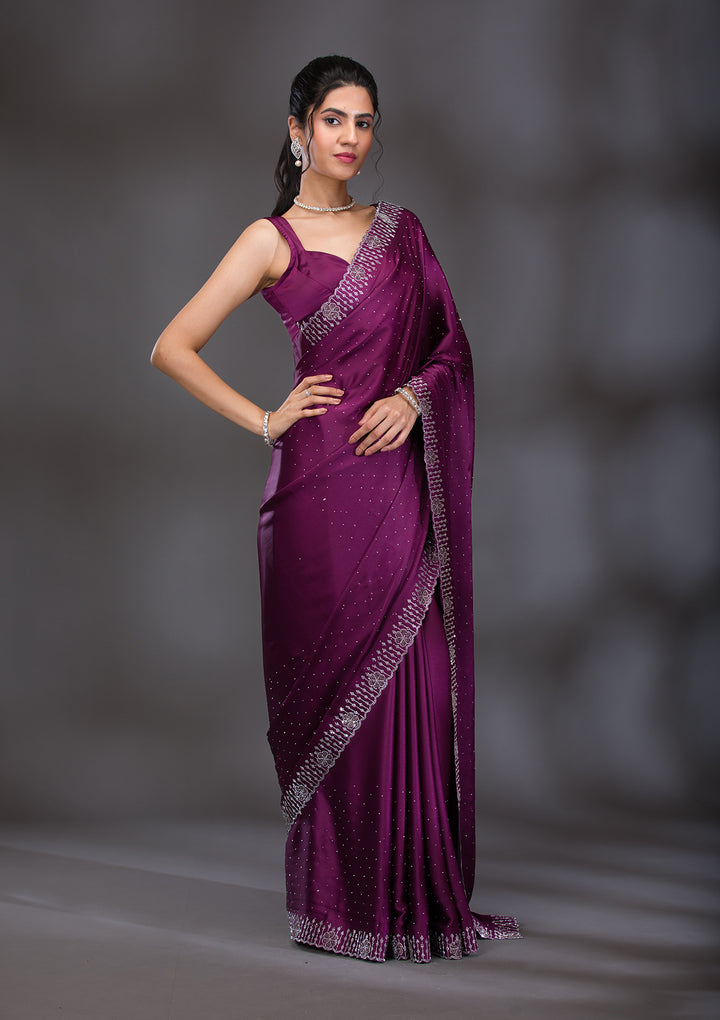 Wine Swarovski Satin Saree