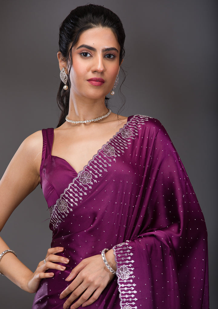Wine Swarovski Satin Saree