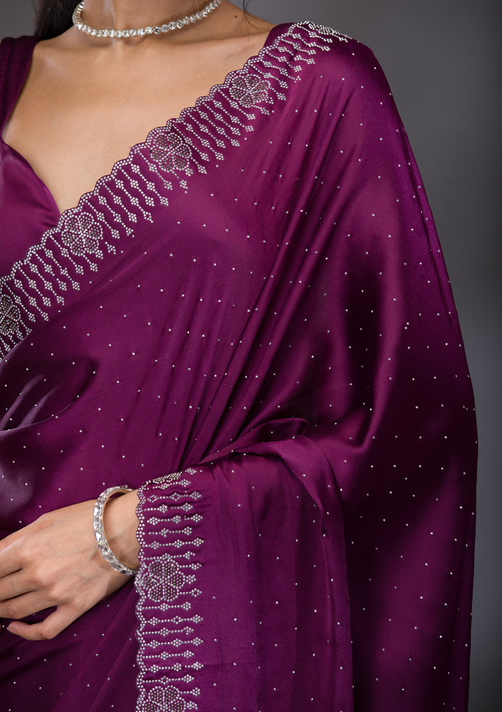 Wine Swarovski Satin Saree