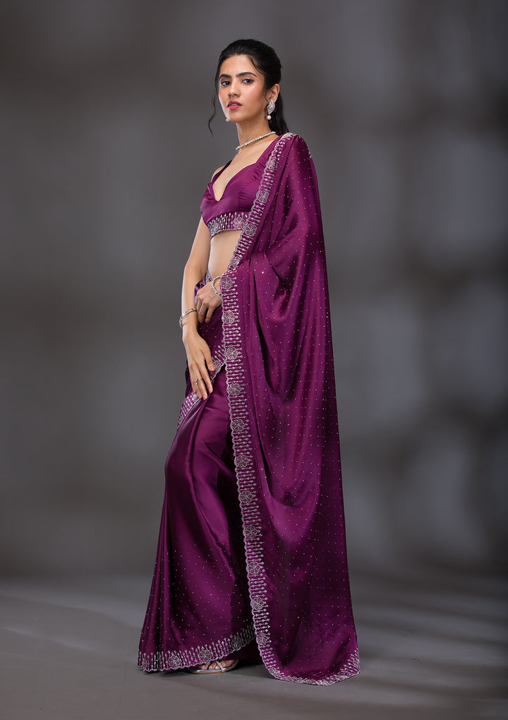 Wine Swarovski Satin Saree