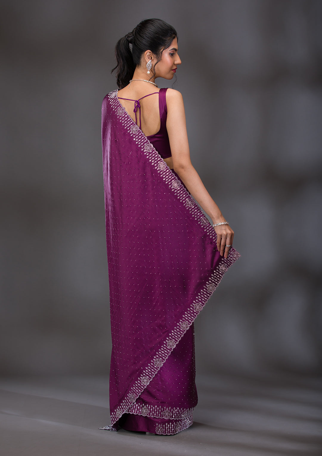 Wine Swarovski Satin Saree