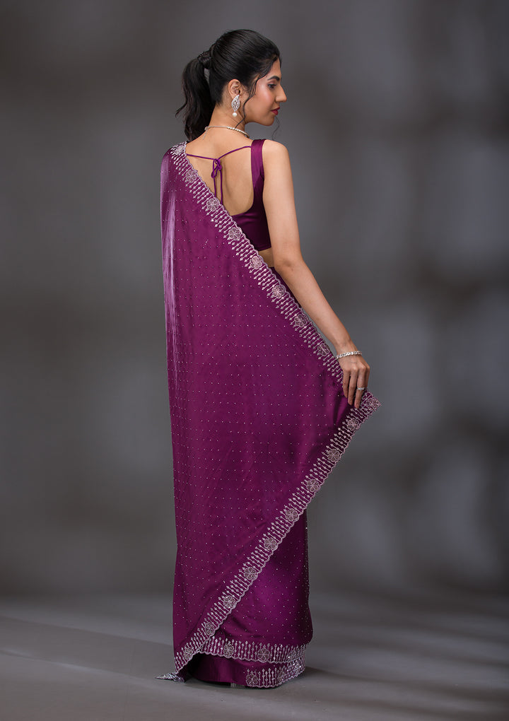 Wine Swarovski Satin Saree