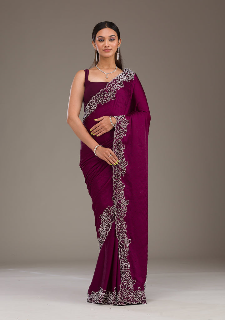 Wine Swarovski Satin Saree