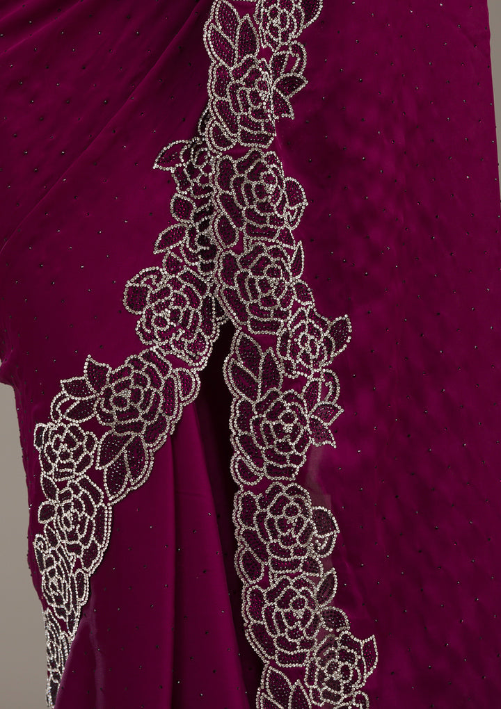Wine Swarovski Satin Saree