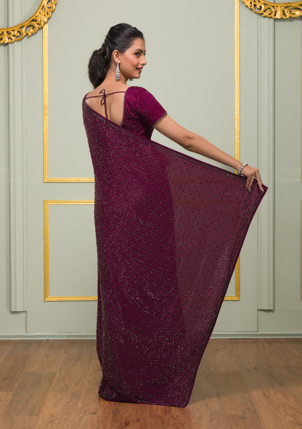 Wine Swarovski Semi Crepe Saree-Koskii