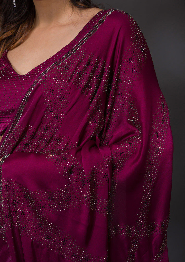 Wine Stonework Satin Designer Saree