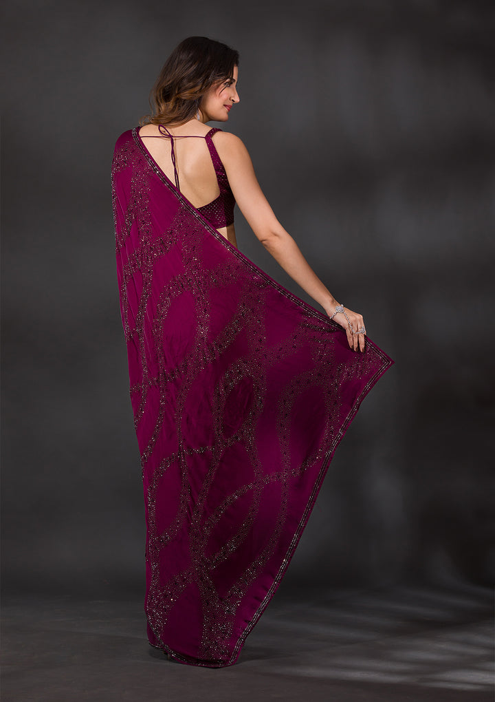 Wine Stonework Satin Designer Saree
