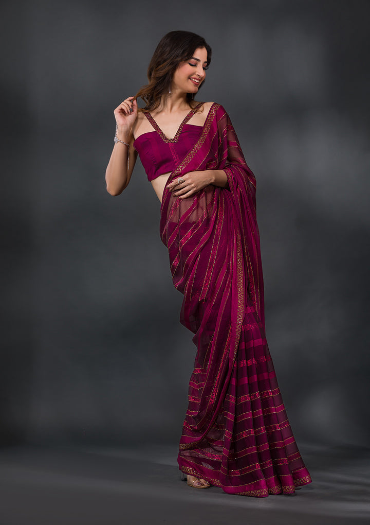 Wine Swarovski Tissue Designer Saree