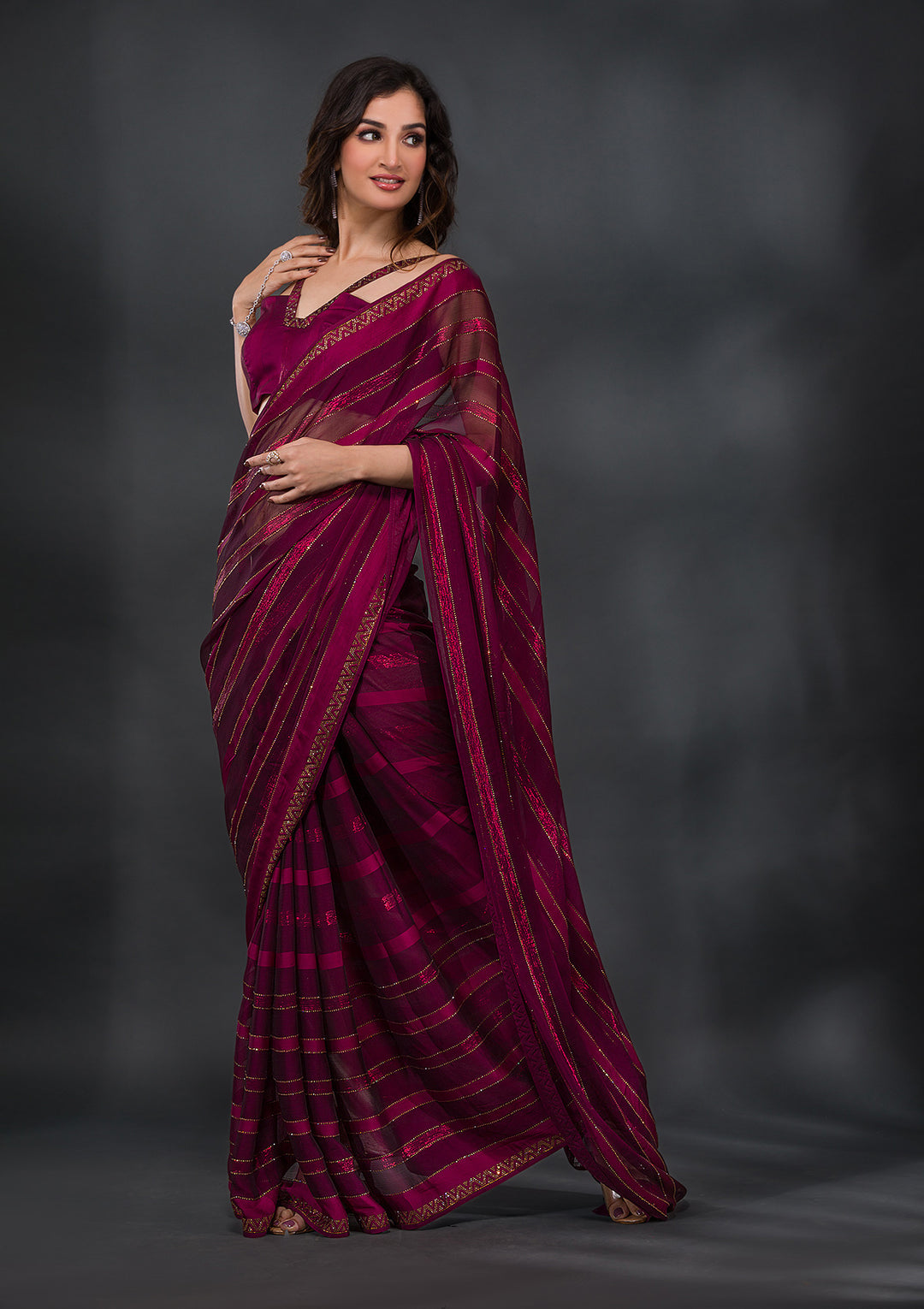 Wine Swarovski Tissue Designer Saree