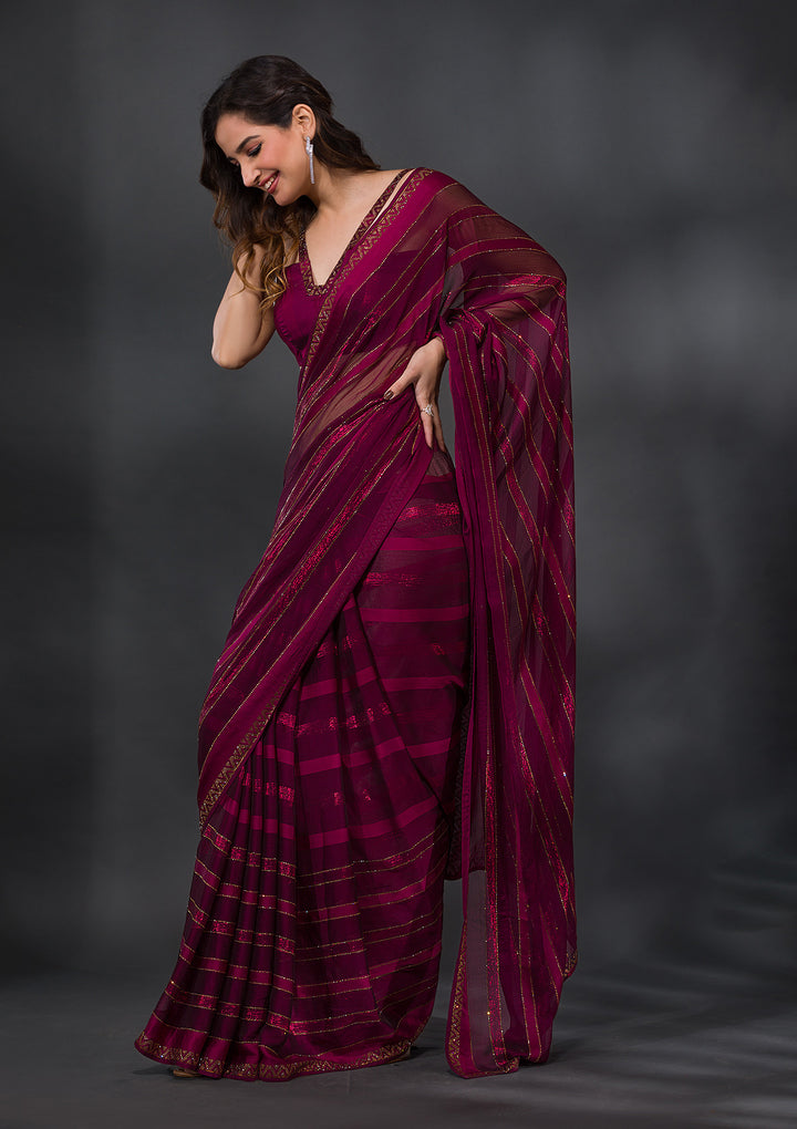 Wine Swarovski Tissue Designer Saree