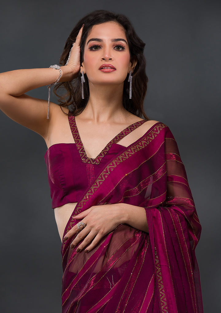 Wine Swarovski Tissue Designer Saree