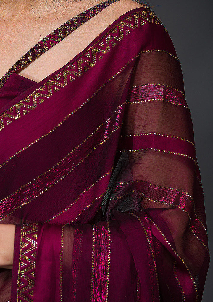 Wine Swarovski Tissue Designer Saree