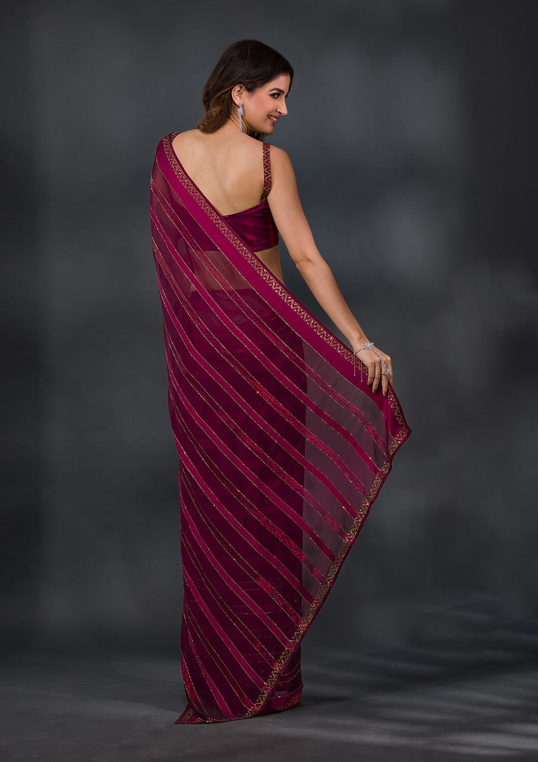 Wine Swarovski Tissue Designer Saree