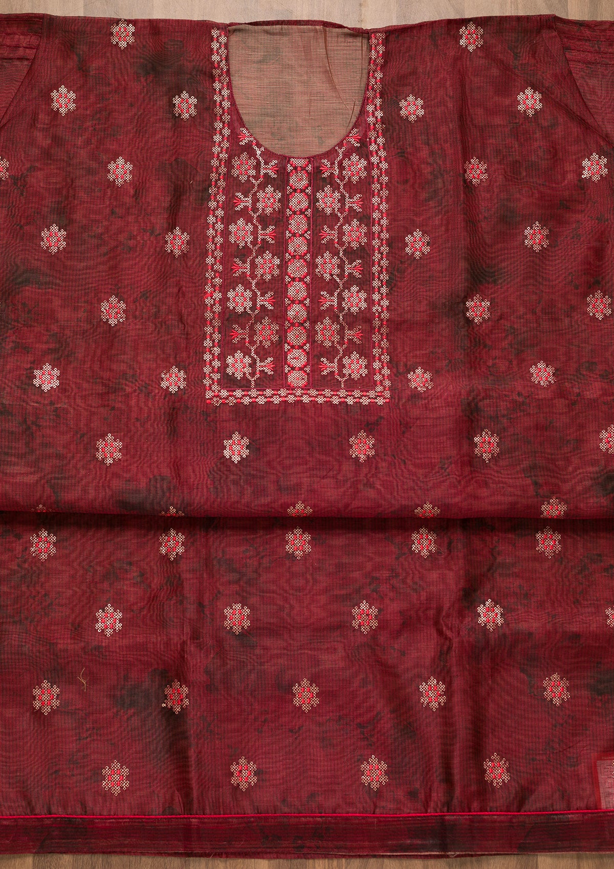 Wine Threadwork Chanderi Unstitched Salwar Suit