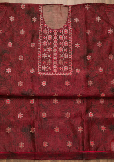 Wine Threadwork Chanderi Unstitched Salwar Suit