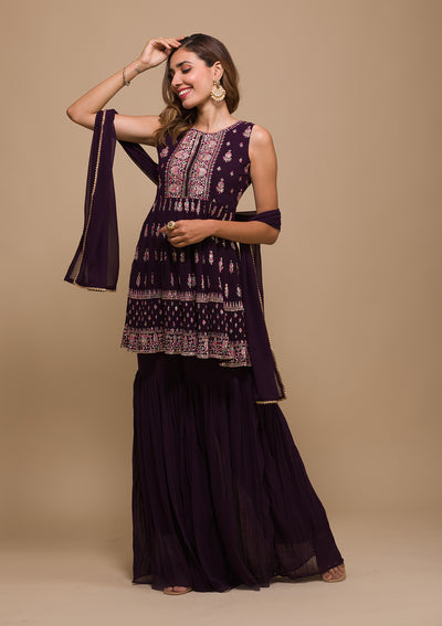 Wine Threadwork Georgette Readymade Salwar Suit-Koskii
