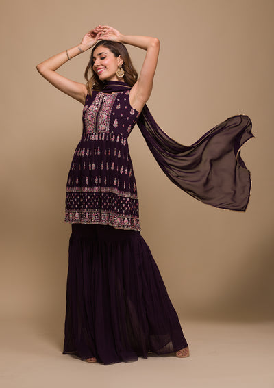 Wine Threadwork Georgette Readymade Salwar Suit-Koskii