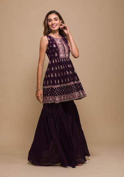Wine Threadwork Georgette Readymade Salwar Suit-Koskii