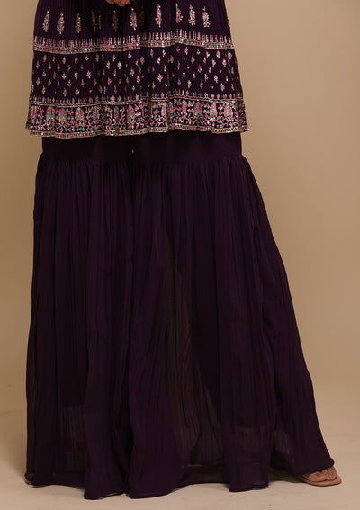 Wine Threadwork Georgette Readymade Salwar Suit-Koskii