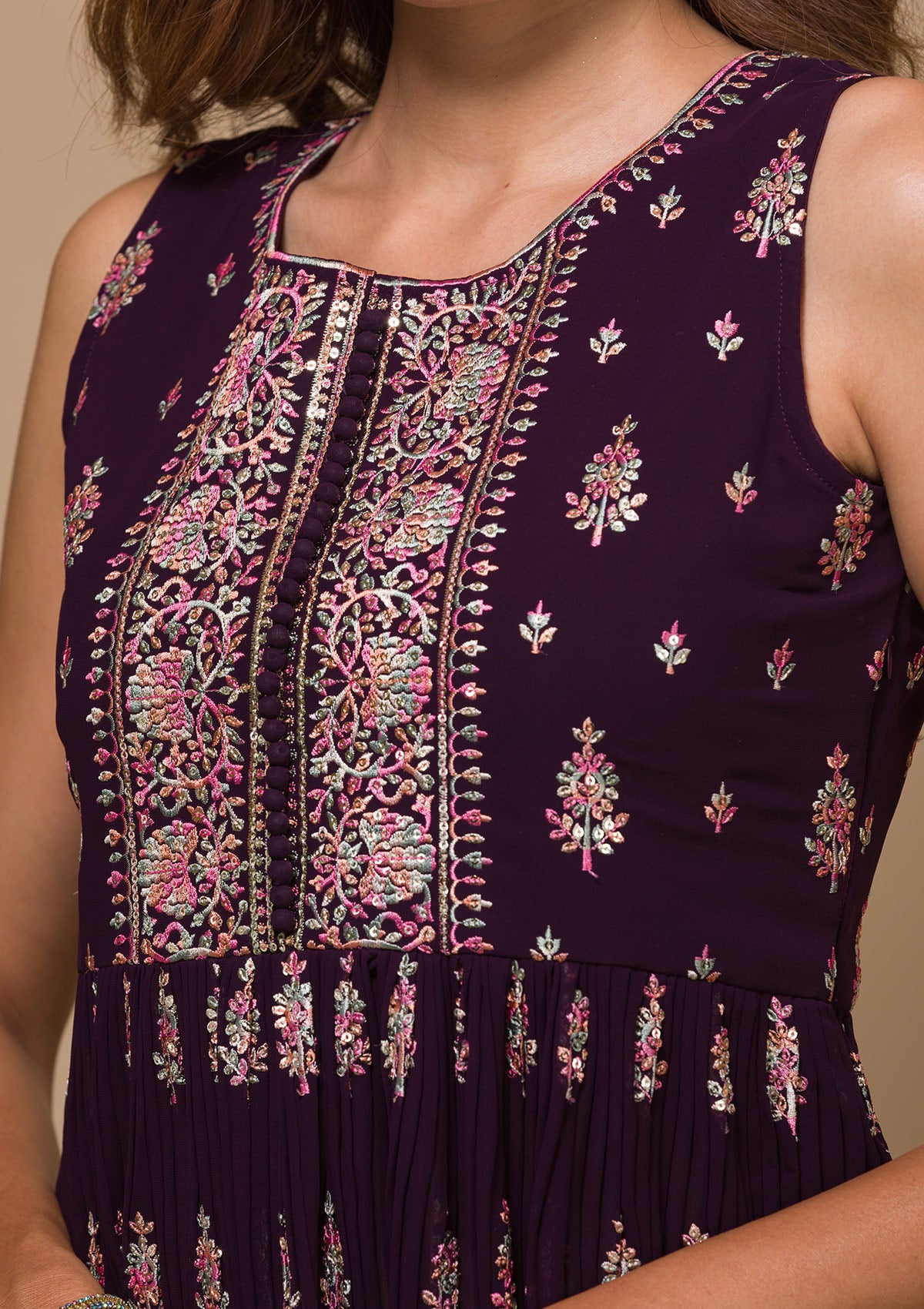 Wine Threadwork Georgette Readymade Salwar Suit-Koskii
