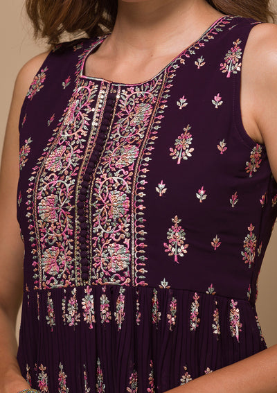 Wine Threadwork Georgette Readymade Salwar Suit-Koskii