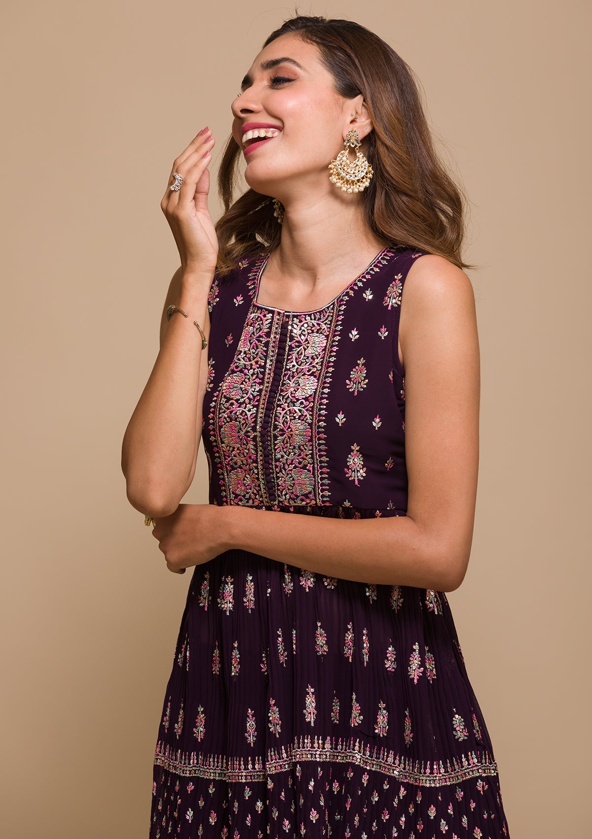 Wine Threadwork Georgette Readymade Salwar Suit-Koskii