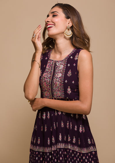 Wine Threadwork Georgette Readymade Salwar Suit-Koskii