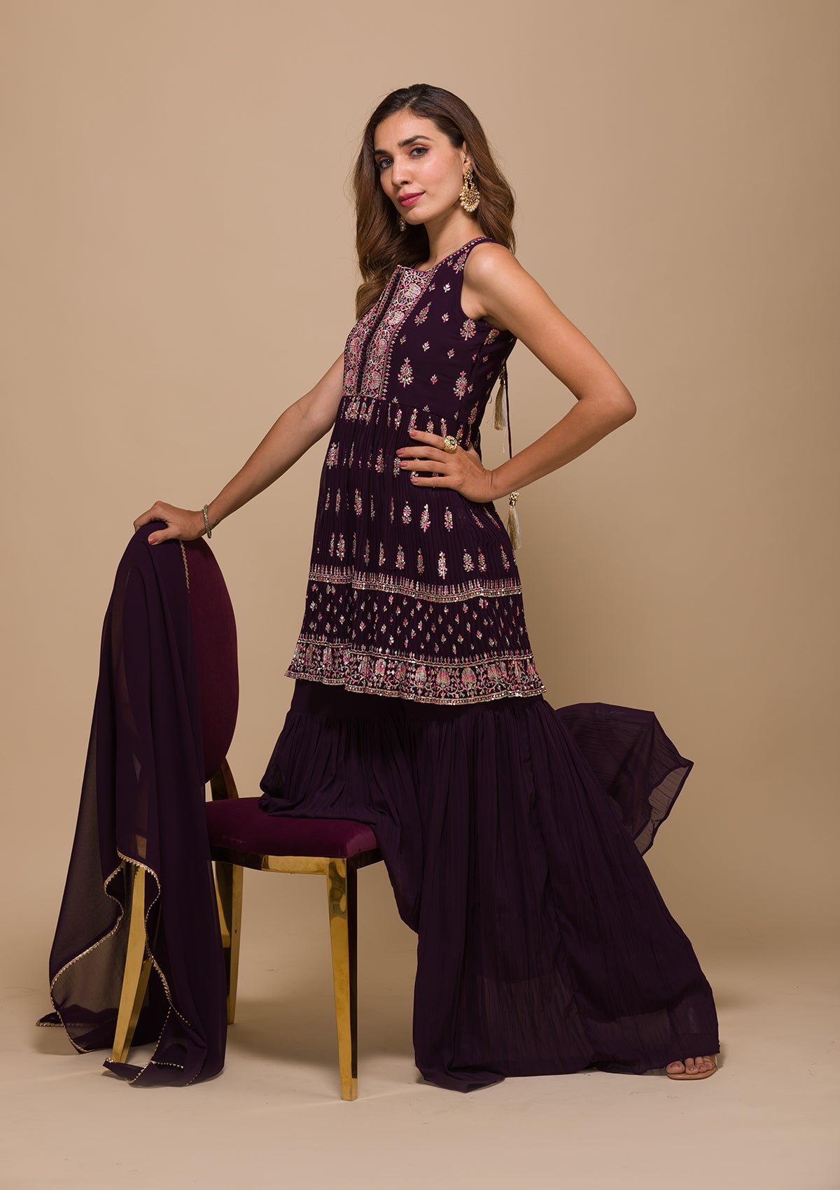 Wine Threadwork Georgette Readymade Salwar Suit-Koskii
