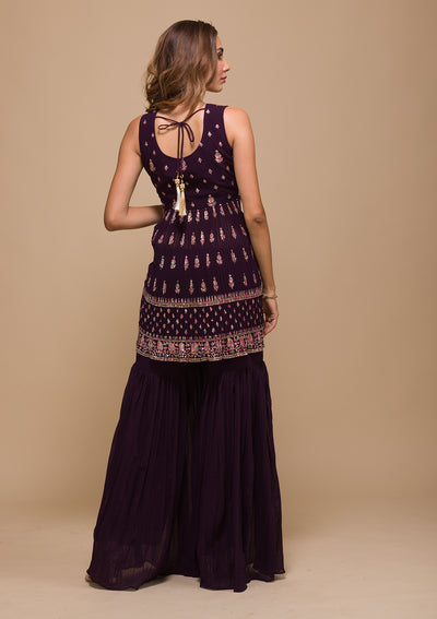 Wine Threadwork Georgette Readymade Salwar Suit-Koskii