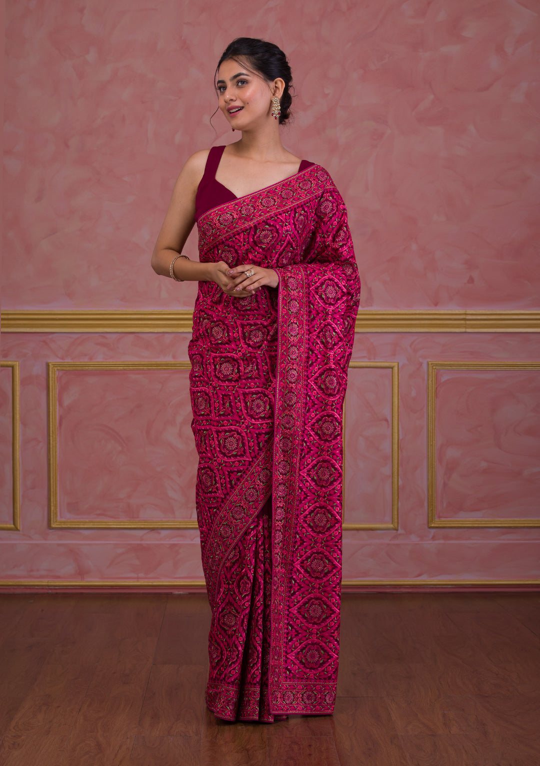 Wine Threadwork Georgette Saree