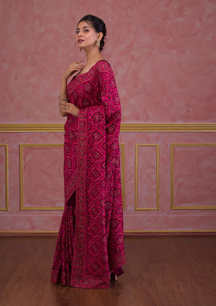 Wine Threadwork Georgette Saree