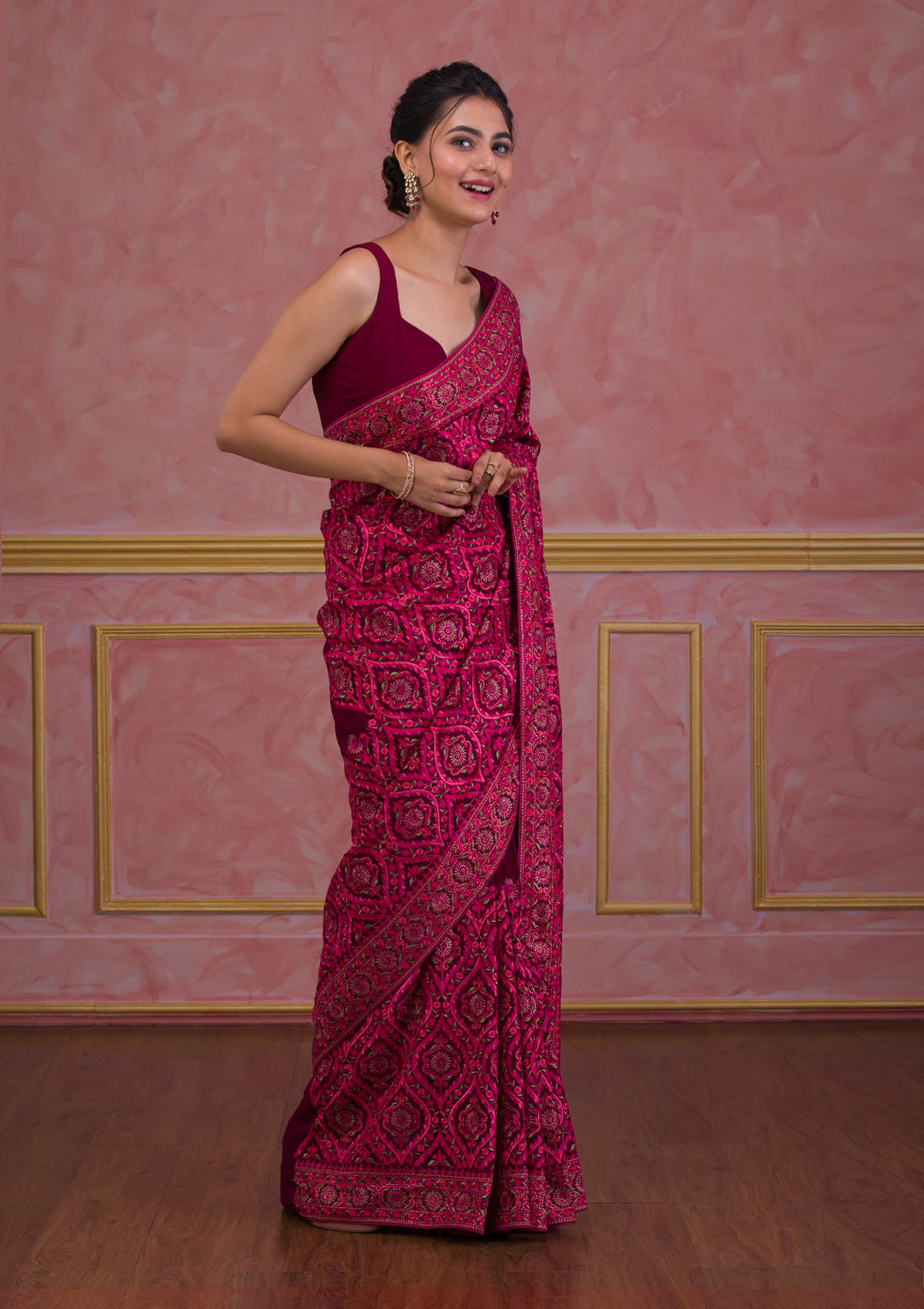 Wine Threadwork Georgette Saree