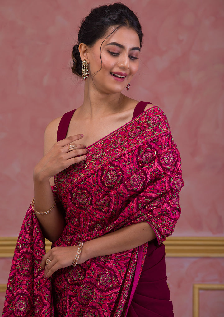 Wine Threadwork Georgette Saree
