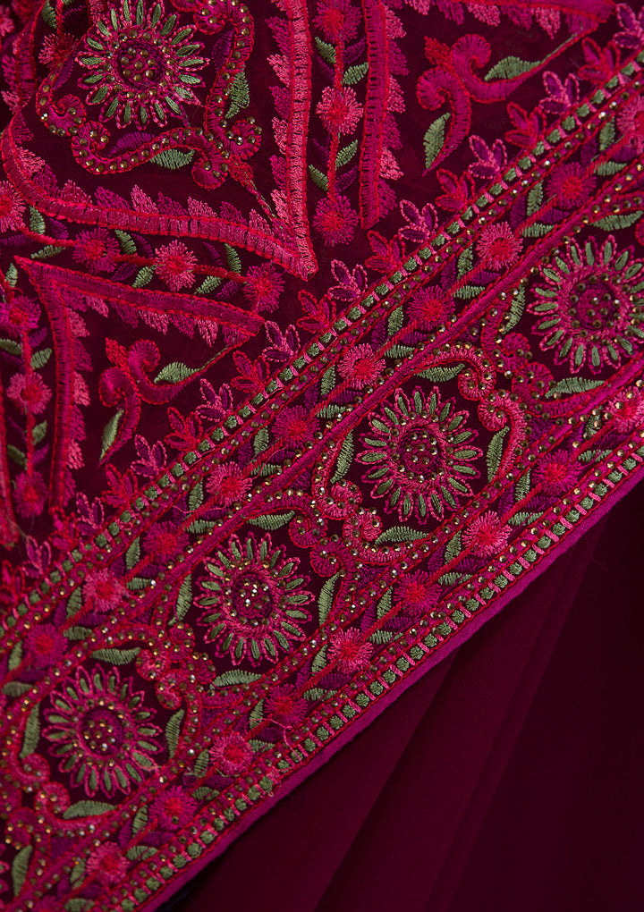 Wine Threadwork Georgette Saree