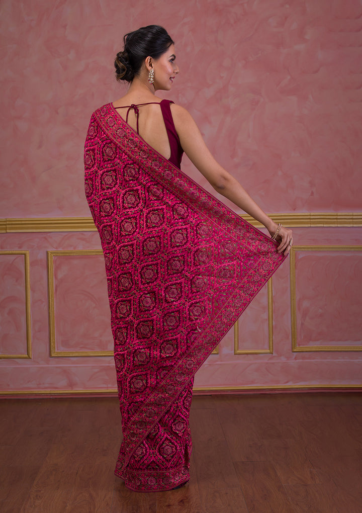 Wine Threadwork Georgette Saree
