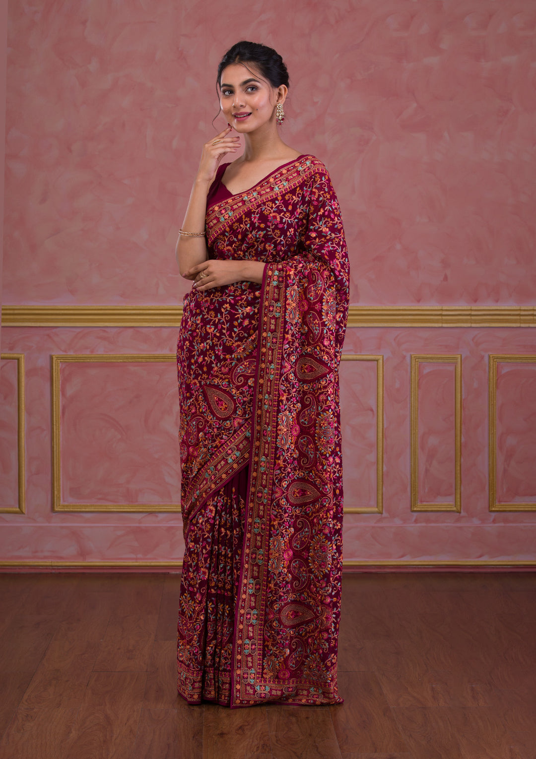 Wine Threadwork Georgette Saree