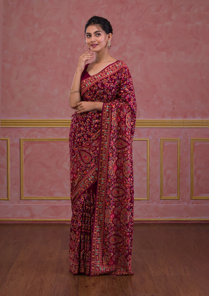 Wine Threadwork Georgette Saree