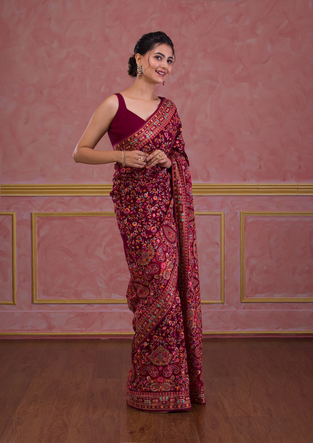 Wine Threadwork Georgette Saree