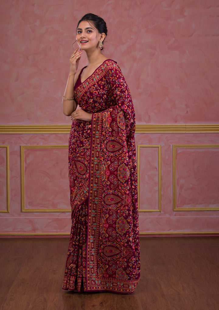 Wine Threadwork Georgette Saree
