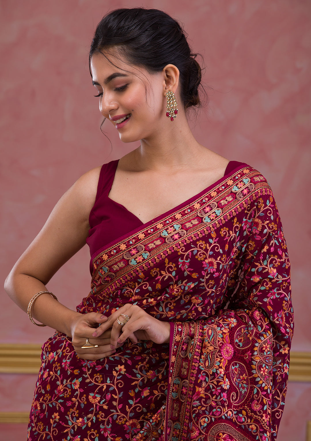 Wine Threadwork Georgette Saree
