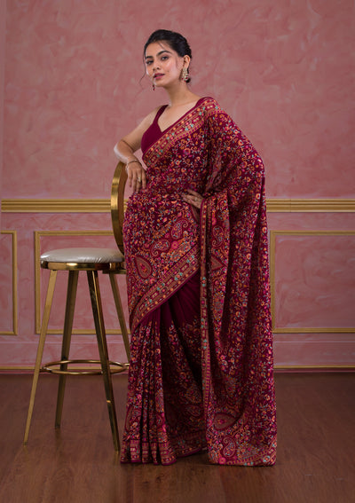 Wine Threadwork Georgette Saree-Koskii