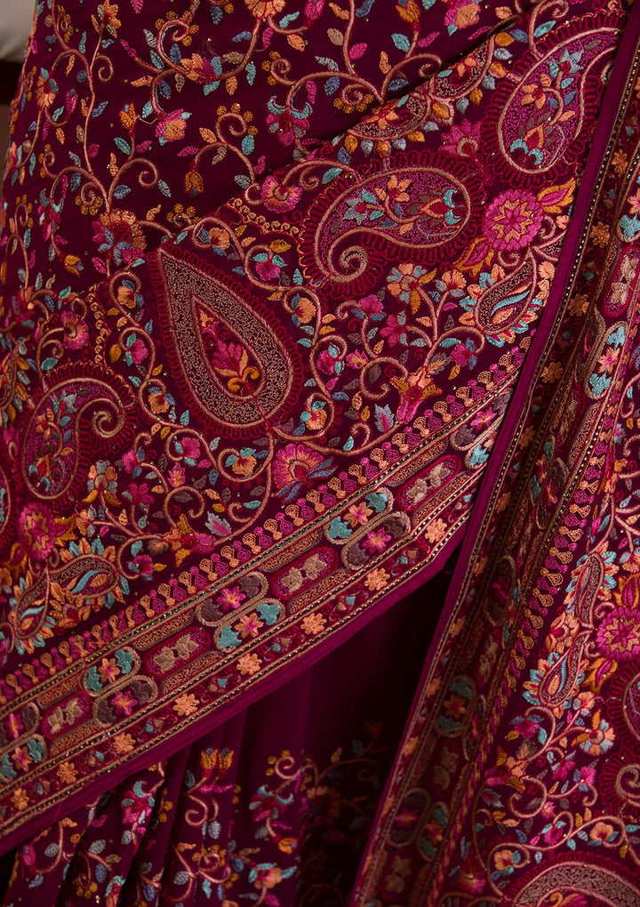 Wine Threadwork Georgette Saree