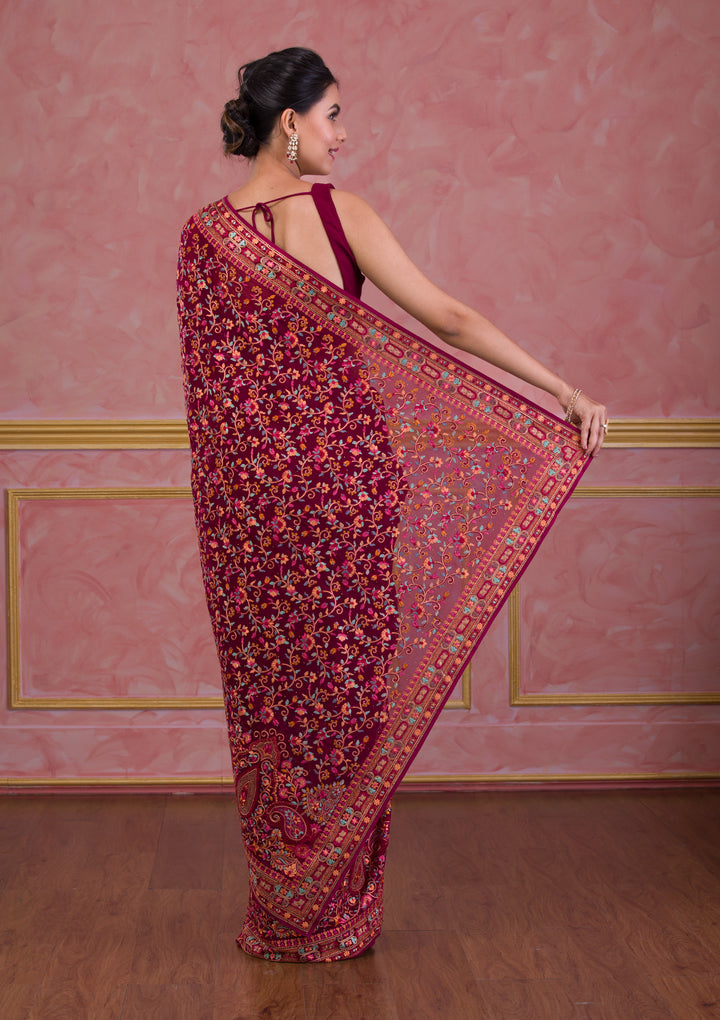Wine Threadwork Georgette Saree