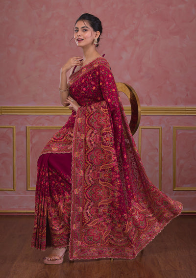 Wine Threadwork Georgette Saree-Koskii