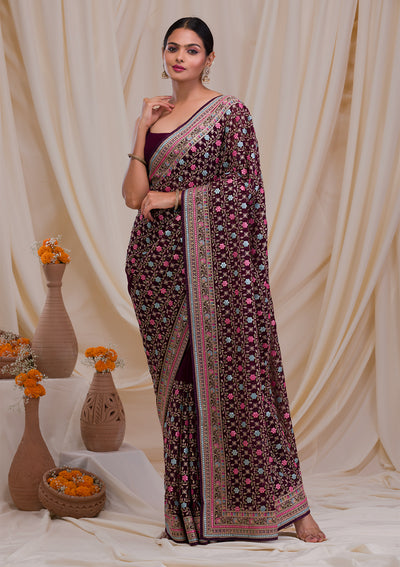 Wine Threadwork Georgette Saree-Koskii