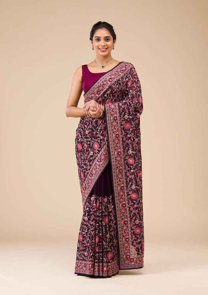 Wine Threadwork Georgette Saree