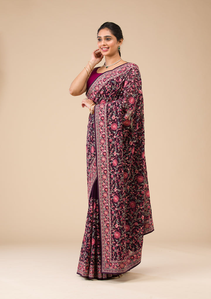Wine Threadwork Georgette Saree