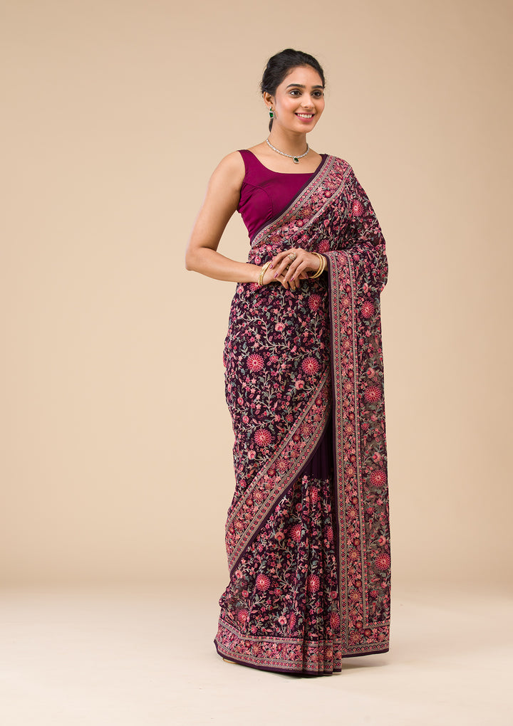 Wine Threadwork Georgette Saree