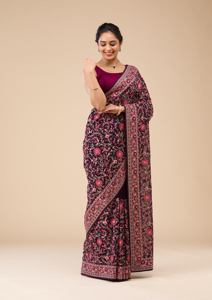 Wine Threadwork Georgette Saree