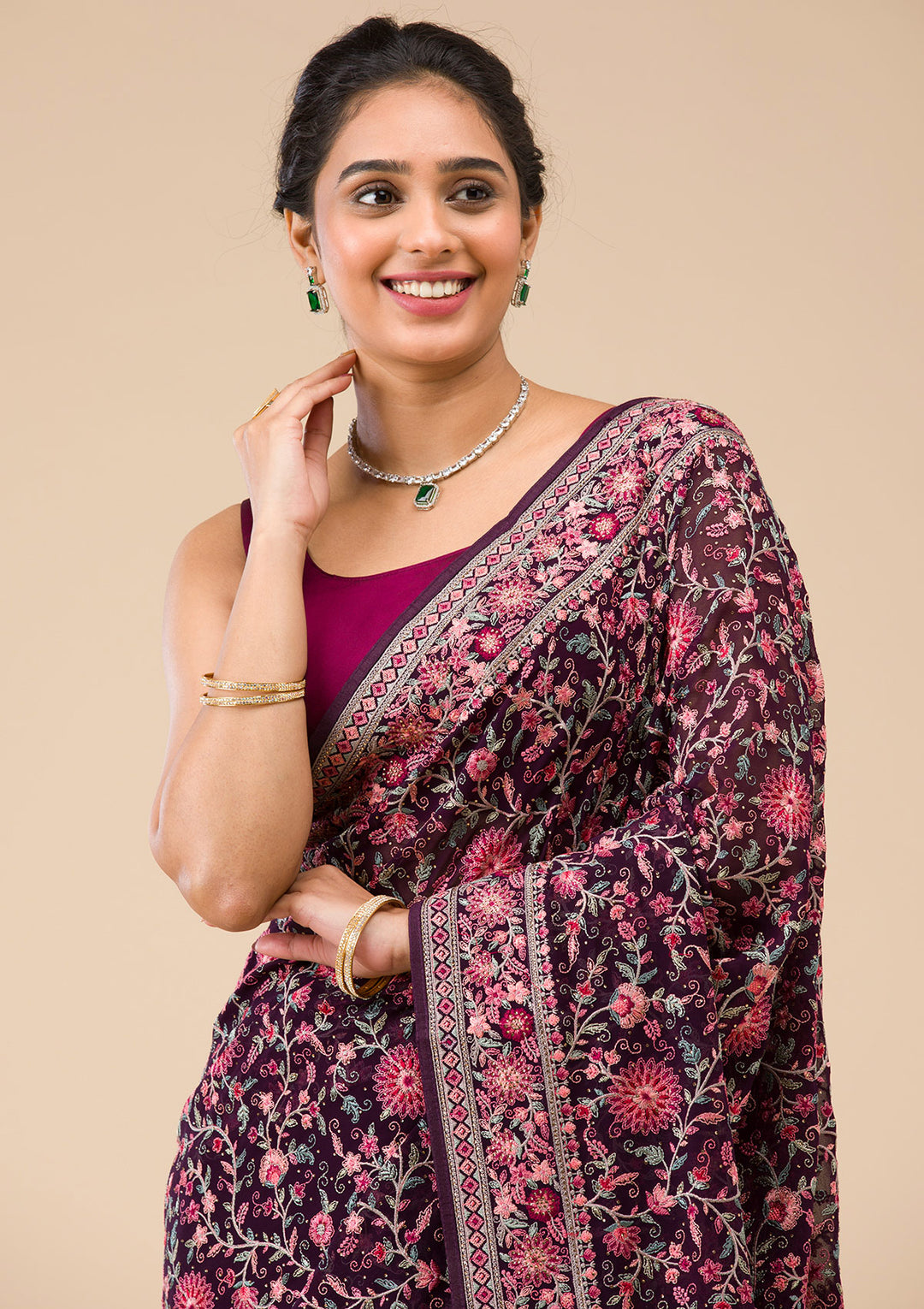 Wine Threadwork Georgette Saree